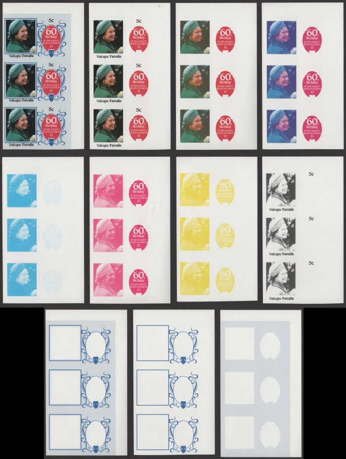 The Unique Vaitupu 1986 60th Birthday 5c Progressive Color Proof Strips of 3 Set