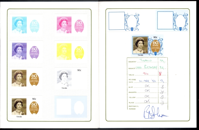 The Tuvalu 1986 60th Birthday 90c Value Progressive Color Proof Presentation Folder
