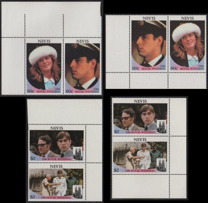 Nevis 1986 Royal Wedding Perforated Large Selvage Corner Pairs From Uncut Press Sheets of 80 Stamps