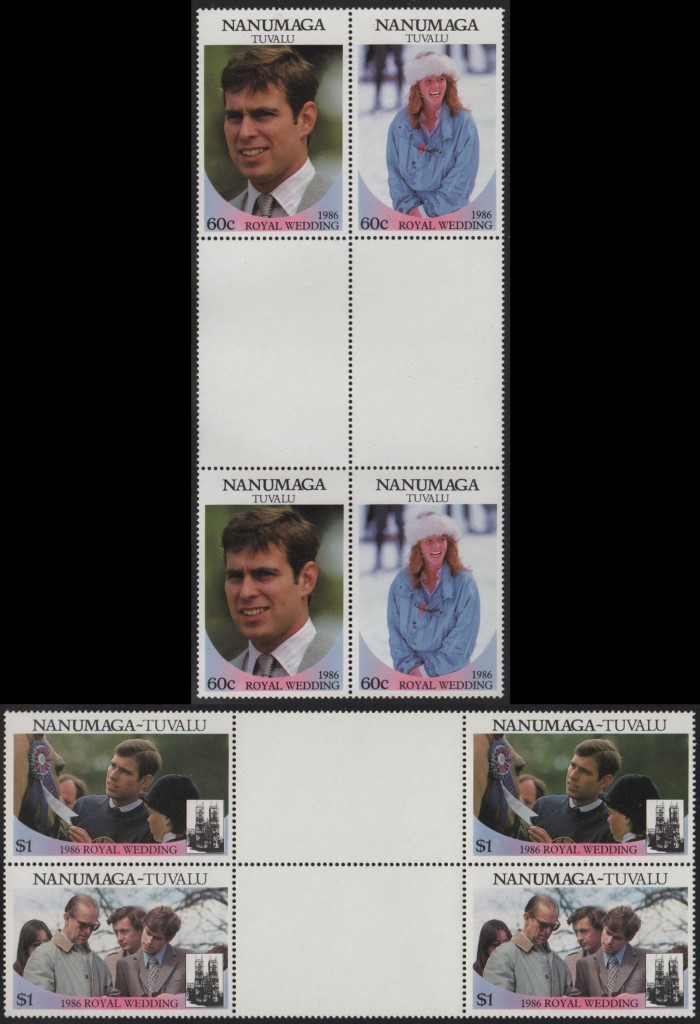 Nanumaga 1986 Royal Wedding Perforated Gutter Blocks From Uncut Press Sheet of 80 Stamps