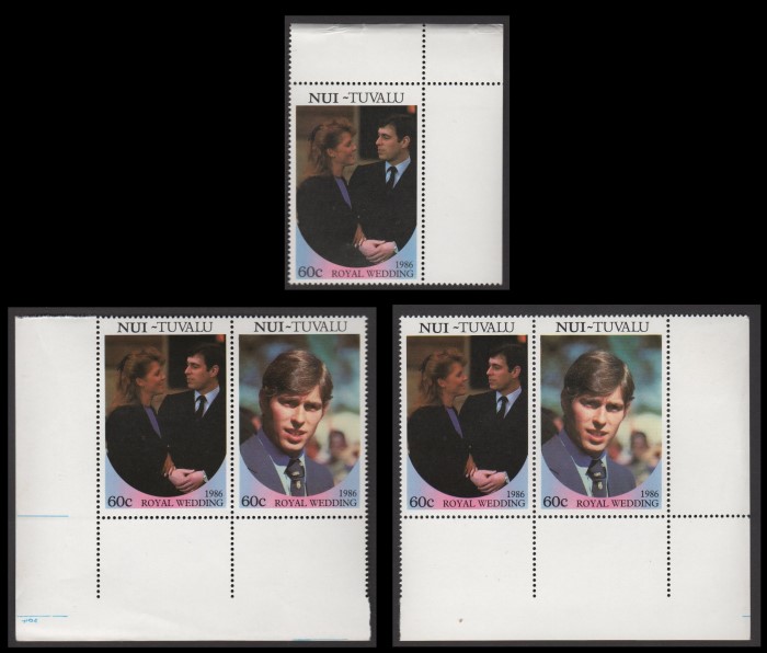 Nui 1986 Royal Wedding Perforated Large Selvage Corner Pairs From Uncut Press Sheets of 80 Stamps