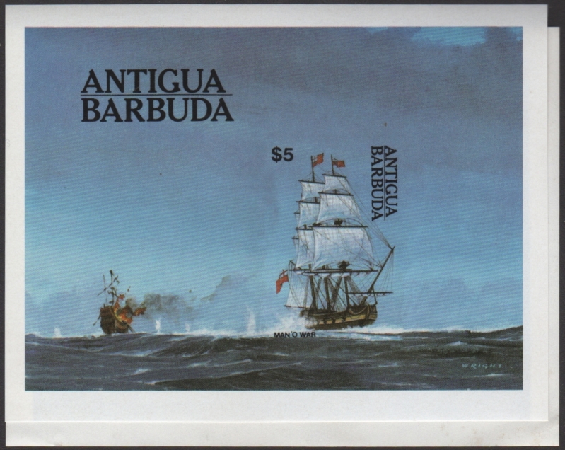 Antigua and Barbuda 1984 Man of War Ships Fake with Original Size Comparison of the Souvenir Sheets