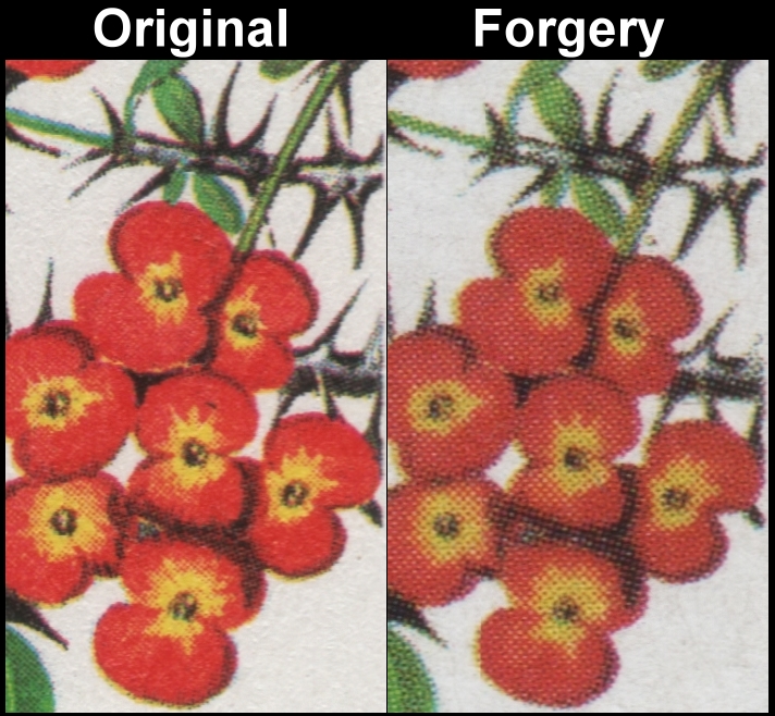 Antigua and Barbuda 1984 U.P.U. Congress Flowers Fake with Original Screen and Color Comparison of Crown of Thorns Stamp