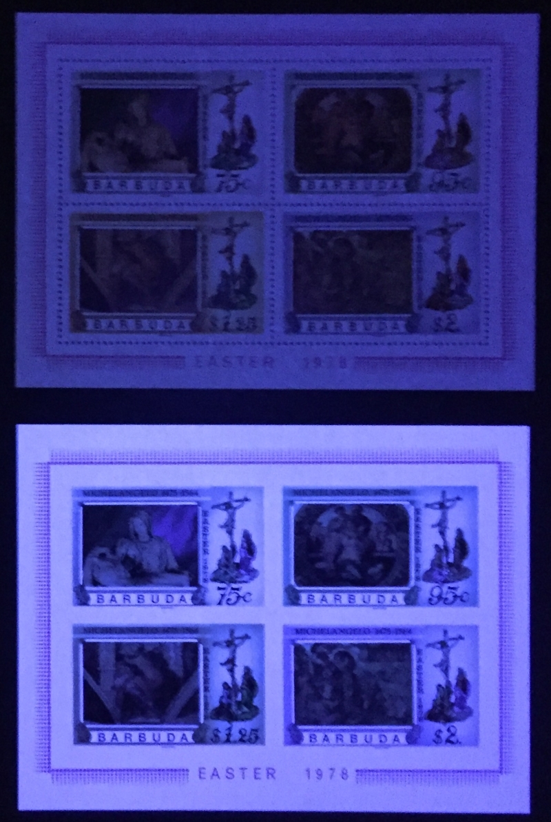 Barbuda 1978 Easter Paintings Comparison of Souvenir Sheet Forgery with Genuine Souvenir Sheet Under Ultra-violet Light