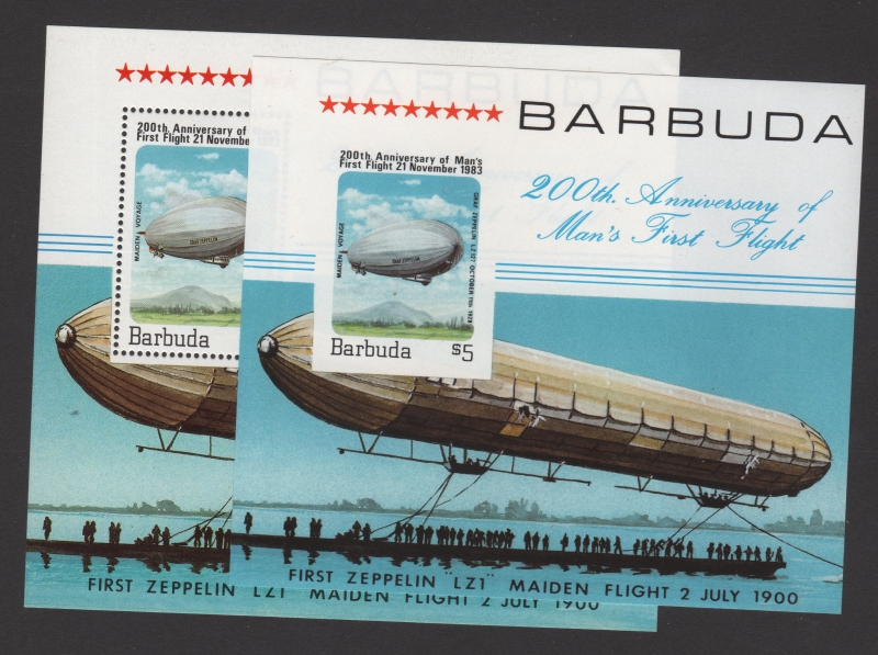 Barbuda 1983 Graffic Zeppelin Fake with Original Size Comparison of the Souvenir Sheets