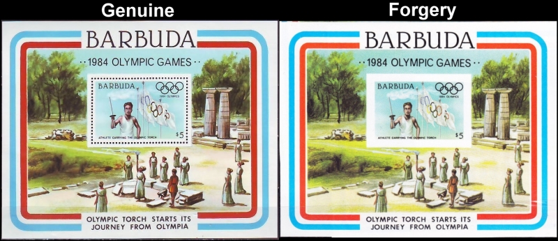 Barbuda 1984 Olympic Games Forgery with Genuine Souvenir Sheet Comparison