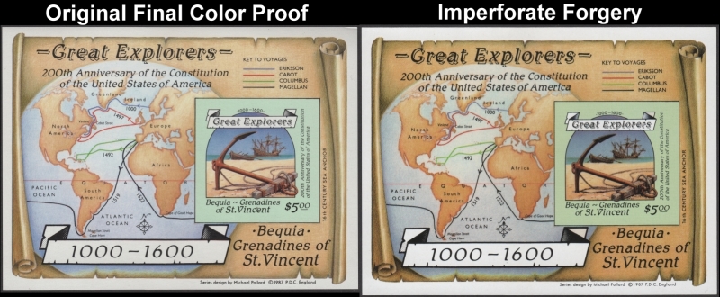 Saint Vincent Bequia 1988 Great Explorers Fake with Original Souvenir Sheet Comparison