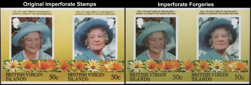 British Virgin Islands 1985 85th Birthday Fake with Original 50c Stamp Pair Comparison