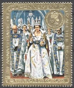 Comoro Islands 1977 25th Anniversary of the Coronation of Queen Elizabeth II Gold Foil Embossed 1000F Stamp