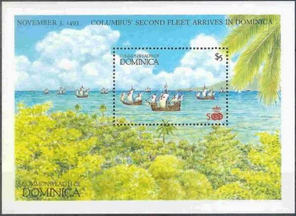 1987 Columbus Second Fleet Arriving in Dominica Souvenir Sheet