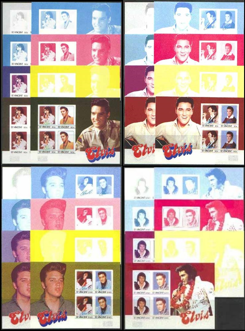 Forged Unauthorized Reprint Color Proof Sets of the St. Vincent 1985 Elvis Presley Souvenir Sheets