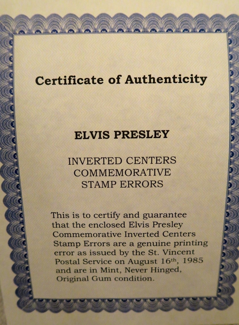 Hampton House Rip-off Certificate of Authenticity for Forged Unauthorized Reprint Elvis Presley Invert Error Stamps