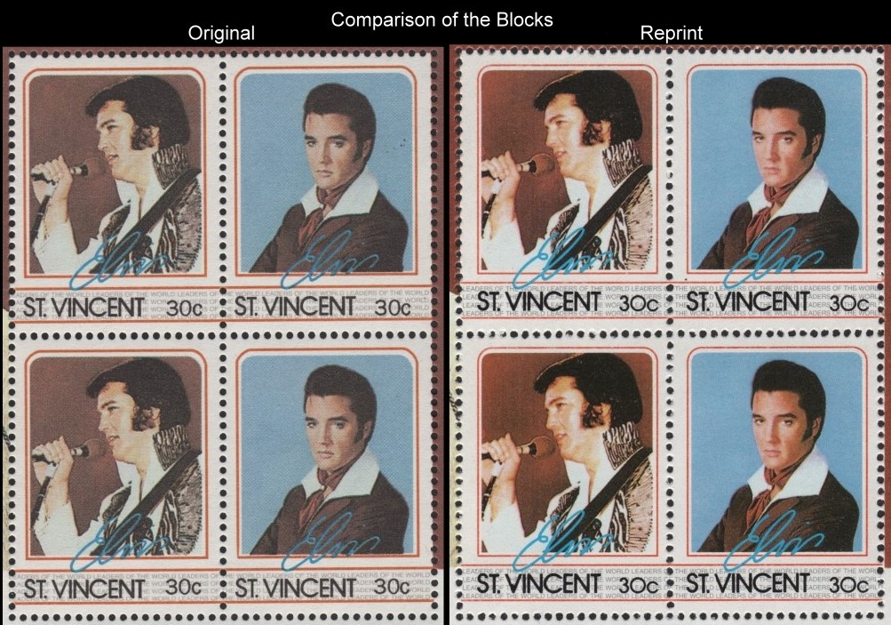 A Comparison of the Forged Unauthorized Reprint and Original Elvis Presley Scott 878 Souvenir Sheet Stamp Blocks