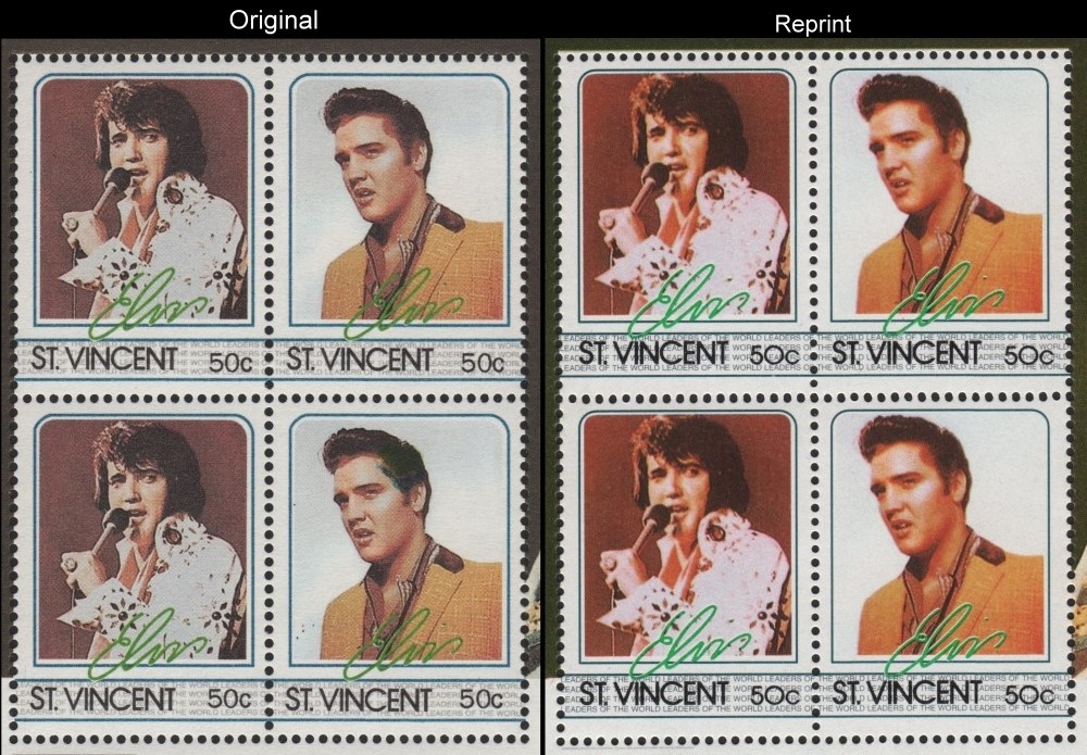A Comparison of the Forged Unauthorized Reprint and Original Elvis Presley Scott 879 Souvenir Sheet Stamp Blocks