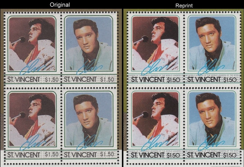 A Comparison of the Forged Unauthorized Reprint and Original Elvis Presley Scott 880 Souvenir Sheet Stamp Blocks