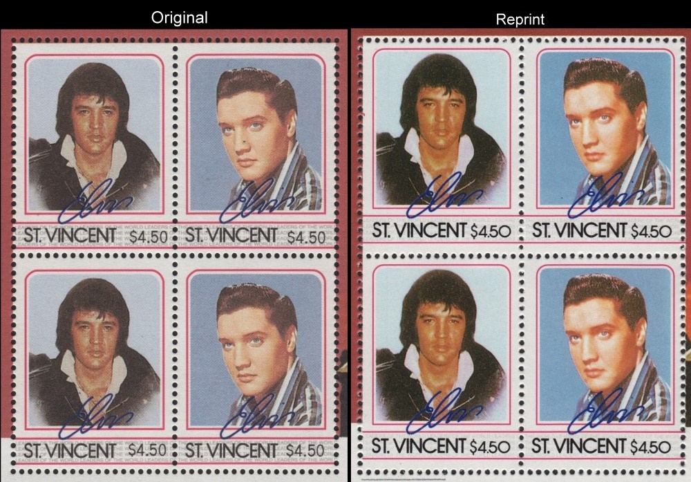 A Comparison of the Forged Unauthorized Reprint and Original Elvis Presley Scott 881 Souvenir Sheet Stamp Blocks
