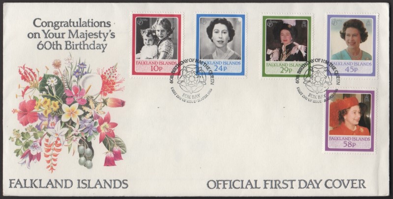 Falkland Islands 1986 60th Birthday of Queen Elizabeth Fox Bay Cancelled Official First Day Cover