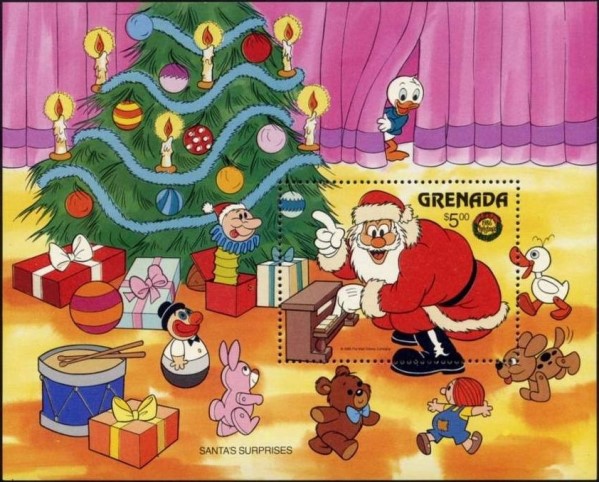 1986 Christmas, Disney Characters Santas Surprises $5.00 Souvenir Sheet