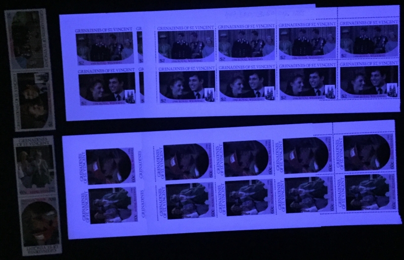 Saint Vincent Grenadines 1986 Royal Wedding Comparison of Forgeries with Genuine Stamps Under Ultra-violet Light