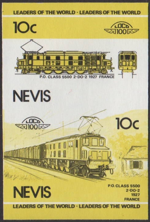 Nevis 2nd Series 10c 1927 P.O. Class 5500 2-Do-2 Locomotive Stamp Yellow and Black Stage Color Proof