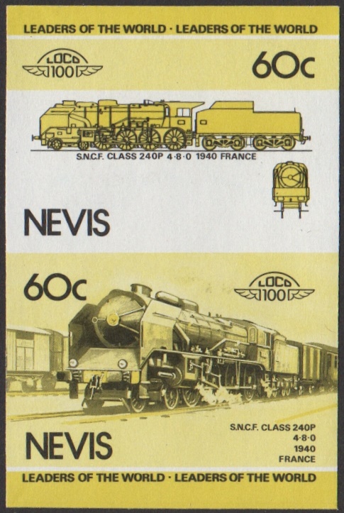 Nevis 2nd Series 60c 1940 S.N.C.F. Class 240P 4-8-0 Locomotive Stamp Yellow and Black Stage Color Proof