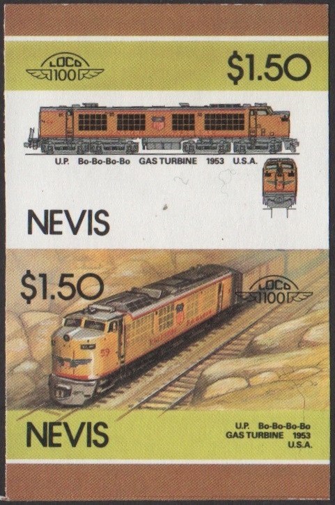 Nevis 5th Series $1.50 1953 U.P. Bo-Bo-Bo-Bo Gas Turbine locomotive Stamp Final Stage Color Proof