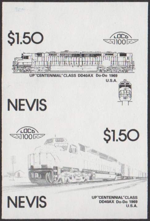 Nevis 6th Series $1.50 1969 U.P. 'Centennial' Class DD40AX Do-Do Locomotive Stamp Black Stage Color Proof