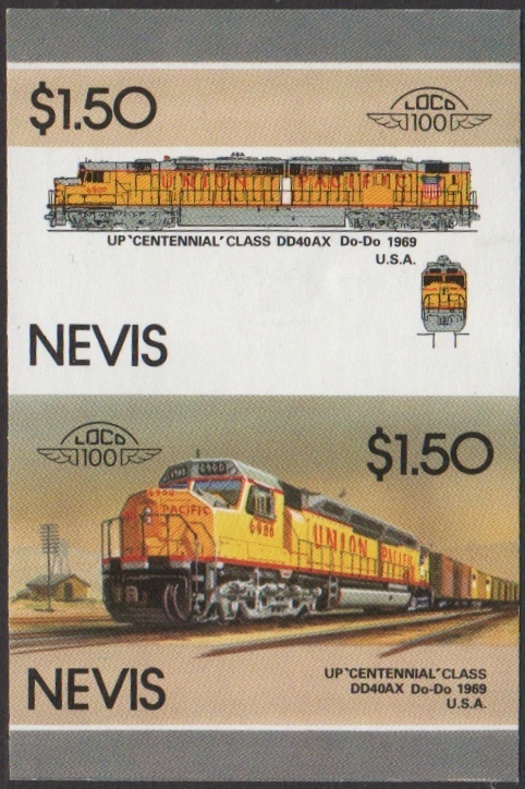 Nevis 6th Series $1.50 1969 U.P. 'Centennial' Class DD40AX Do-Do Locomotive Stamp Final Stage Color Proof