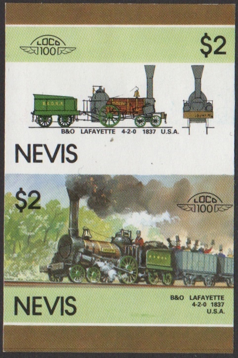 Nevis 6th Series $2.00 1837 B&O Lafayette 4-2-0 locomotive Stamp Final Stage Color Proof