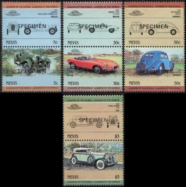 1984 Nevis Leaders of the World, Automobiles (2nd series) SPECIMEN Overprinted Stamps