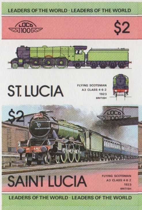 Saint Lucia Locomotives (1st series) $2.00 1923 Flying Scotsman A3 Class 4-6-2 Final Stage Progressive Color Proof Stamp Pair