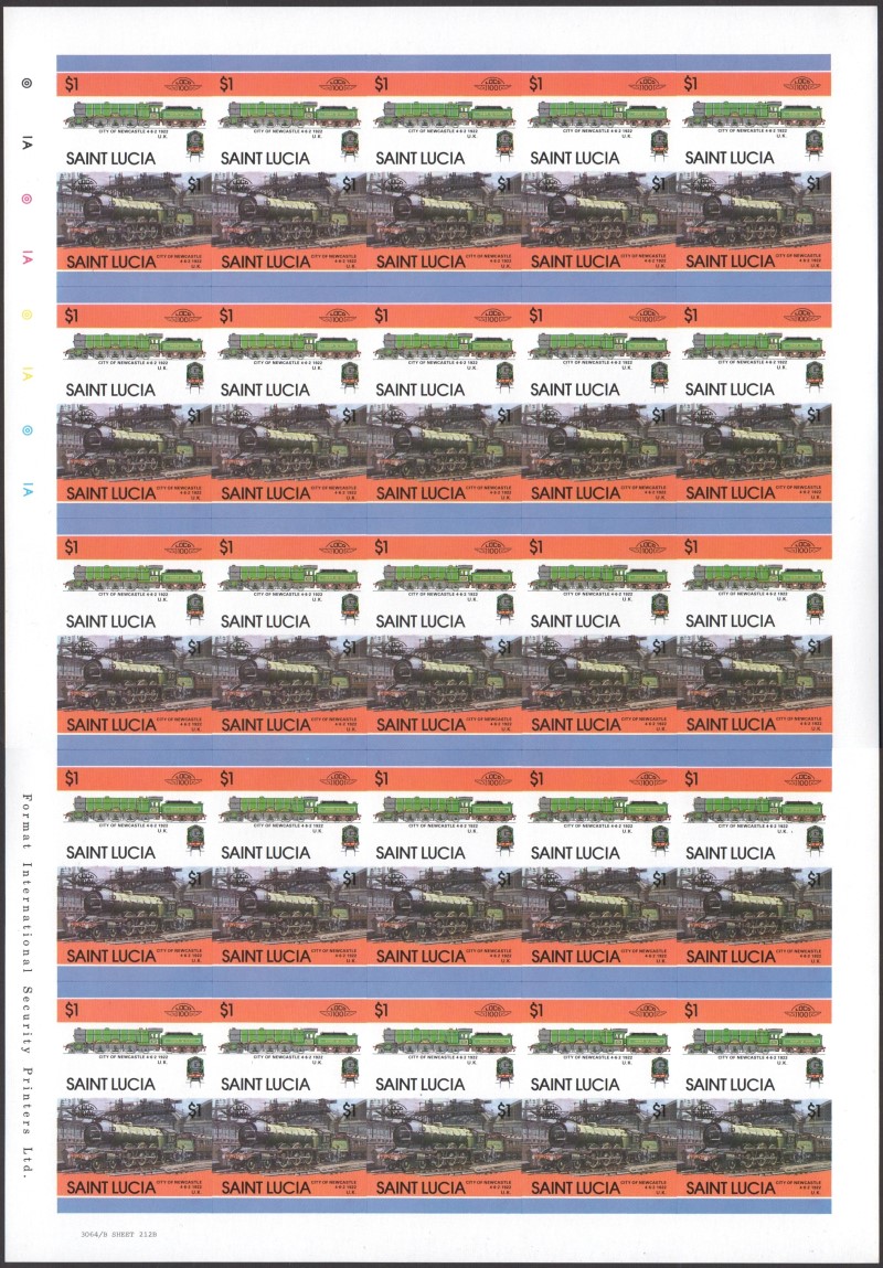 Saint Lucia Locomotives (5th series) $1.00 1922 City of Newcastle 4-6-2 Final Stage Progressive Color Proof Stamp Pane