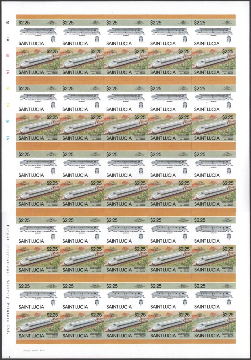 Saint Lucia Locomotives (5th series) $2.25 1930 D.R.G. Von Kruckenburg Propeller Driven Rail Car Final Stage Progressive Color Proof Stamp Pane