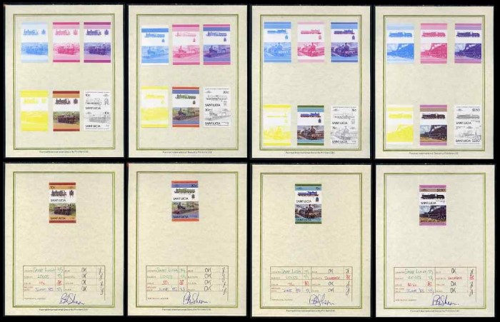 1985 Saint Lucia Leaders of the World, Locomotives (4th series) Progressive Color Proof Presentation Cards