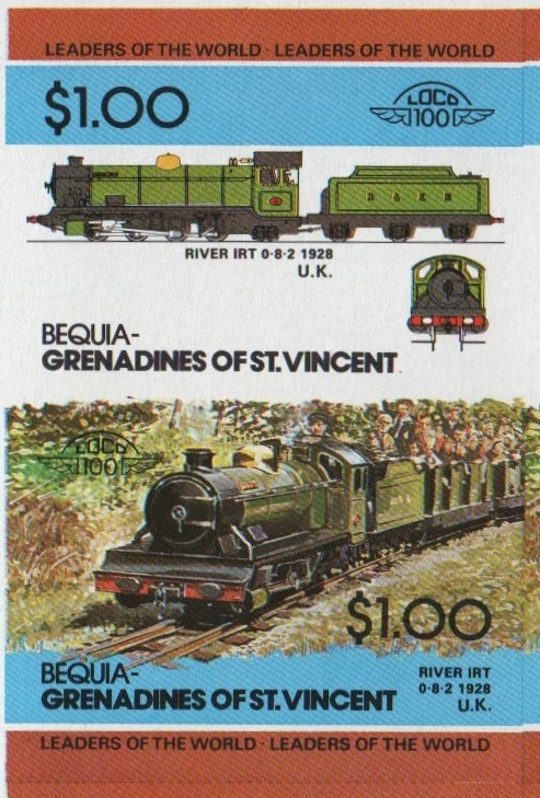 Bequia Locomotives (2nd series) $1.00 1928 River IRT 0-8-2 Final Stage Progressive Color Proof Stamp Pair