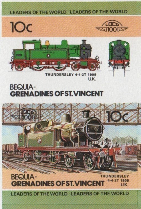Bequia Locomotives (2nd series) 10c 1909 Thundersley 4-4-2T Final Stage Progressive Color Proof Stamp Pair