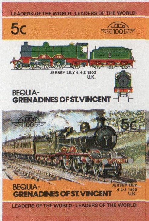 Bequia Locomotives (2nd series) 5c 1903 Jersey Lily 4-4-2 Final Stage Progressive Color Proof Stamp Pair