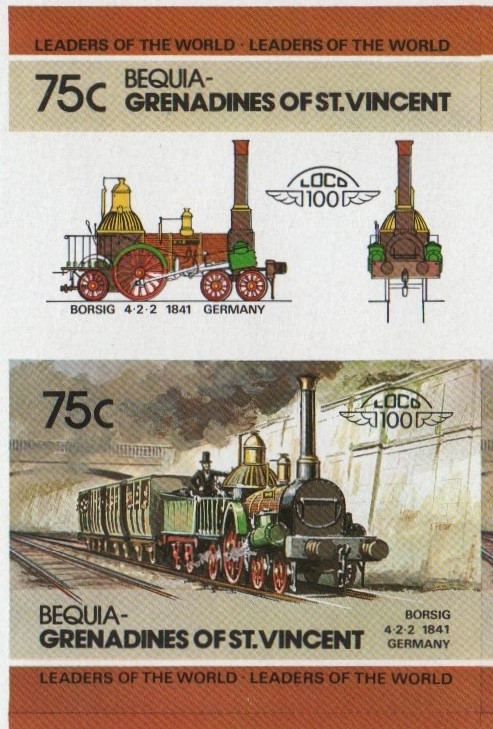 Bequia Locomotives (2nd series) 75c 1841 Borsig 4-2-2 Final Stage Progressive Color Proof Stamp Pair