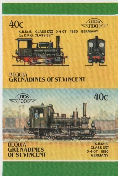Bequia Locomotives (5th series) 40c 1880 K.B.St.B. Class D Ⅵ 0-4-0T Final Stage Progressive Color Proof Stamp Pair