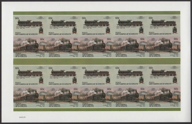 Bequia Locomotives (5th series) 60c 1915 Hull & Barnsley Railway Class LS 0-6-0 Final Stage Progressive Color Proof Stamp Pane