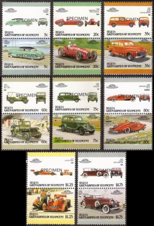 1987 Bequia Leaders of the World, Automobiles (7th series) SPECIMEN Overprinted Stamps