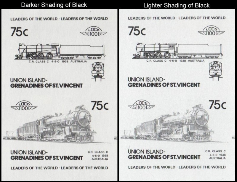 Union Island Locomotives (2nd series) 75c 1938 C.R. Class C 4-6-0 Black Stage Progressive Color Proof Stamp Variety