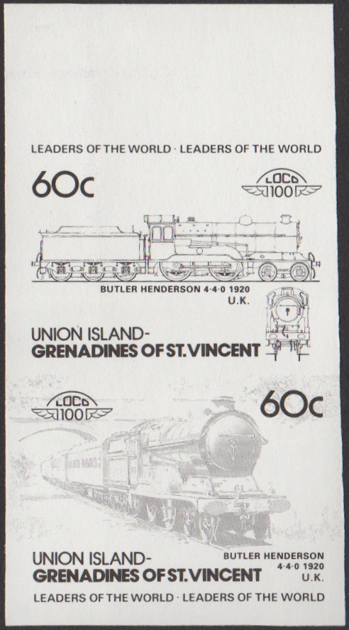Union Island 3rd Series 60c 1920 Butler Henderson 4-4-0 Locomotive Stamp Black Stage Color Proof From 6-Stage Set