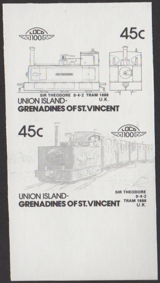 Union Island 4th Series 45c 1888 Sir Theodore 0-4-2 Tram Locomotive Stamp Black Stage Color Proof From 6-Stage Set