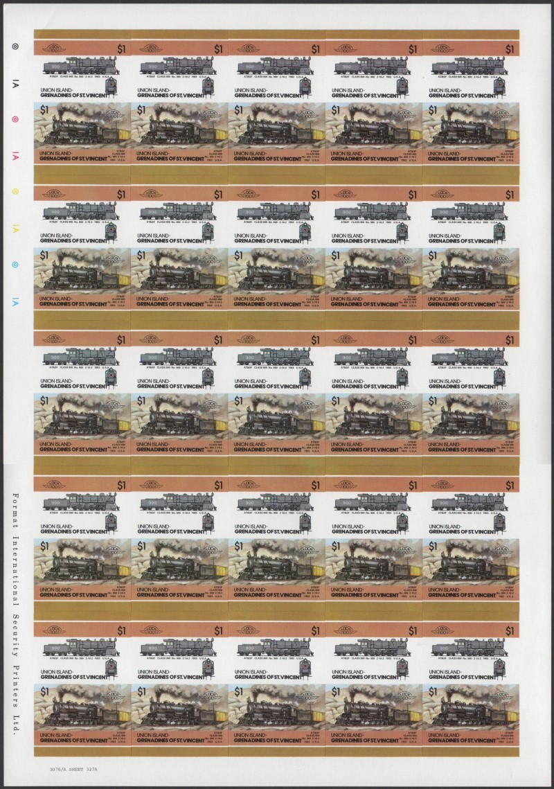 Union Island Locomotives (5th series) $1.00 1903 AT&SF Class 900 No. 900 2-10-2 Final Stage Progressive Color Proof Stamp Pane