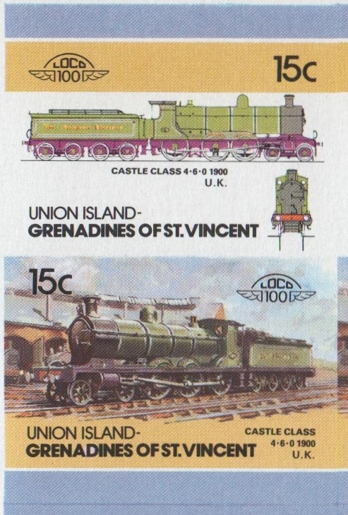 Union Island Locomotives (5th series) 15c 1900 Castle Class 4-6-0 Final Stage Progressive Color Proof Stamp Pair