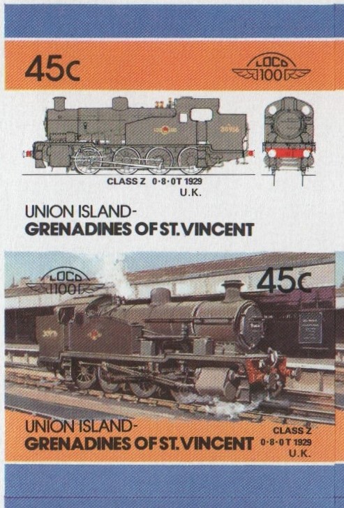 Union Island Locomotives (5th series) 45c 1929 Class Z 0-8-0T Final Stage Progressive Color Proof Stamp Pair