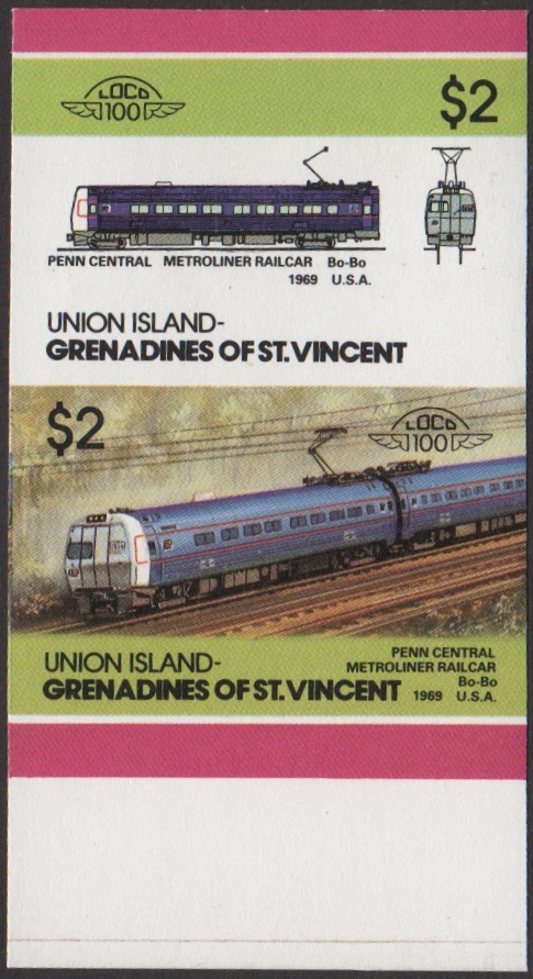 Union Island 5th Series $2.00 1969 Penn Central Metroliner Railcar Bo-Bo locomotive Stamp Final Stage Color Proof From 6-Stage Set