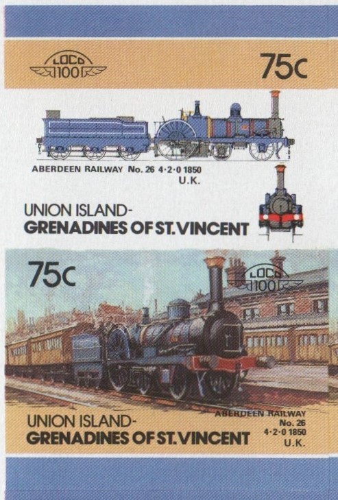 Union Island Locomotives (5th series) 75c 1850 Aberdeen Railway No. 26 4-2-0 Final Stage Progressive Color Proof Stamp Pair