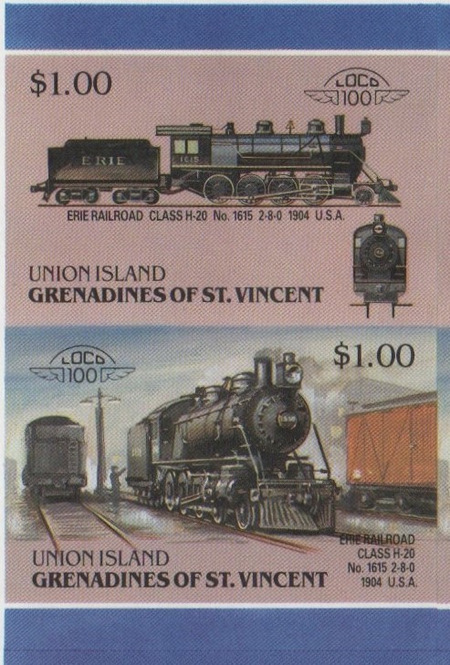 Union Island Locomotives (6th series) $1.00 1904 Erie Railroad Class H-20 No. 1615 2-8-0 Final Stage Progressive Color Proof Stamp Pair